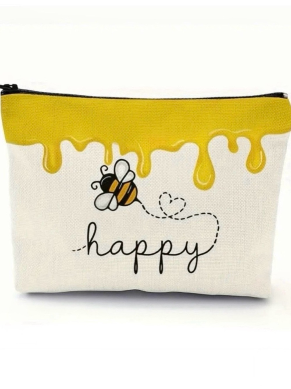 Bee 'Happy' Canvas Zipper Pouch - Yellow & White